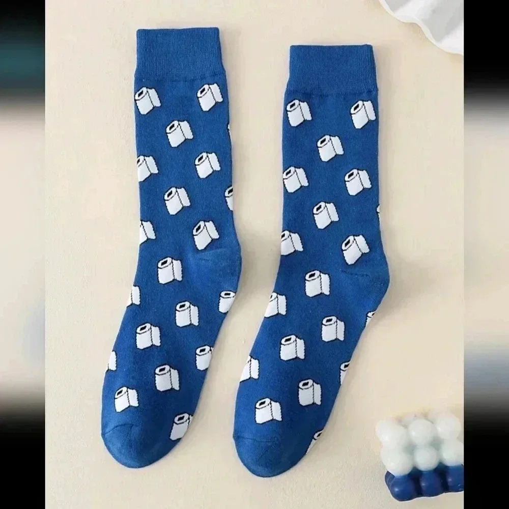 Funny toilet paper socks crew cut blue white men's fashion women's unisex funny